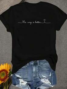 Women's Limited Edition Crew Neck T-Shirt, Lightweight And Breathable Cotton, Comfortable And Soft, With A Crossover Print Design, Suitable For Casual Everyday Wear, Designed By His Way Is Better. Lightweight Cotton - 黑色 - 查看 12