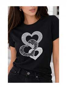 Soft 100% Cotton Women's T-Shirt With An Intertwined Heart Print, Shimmering Textured Effect, Glamorous And Elegant Style, And Rhinestone Embellishments. Breathable Cotton T-Shirt That Goes With Everything. - 黑色 - 查看 2