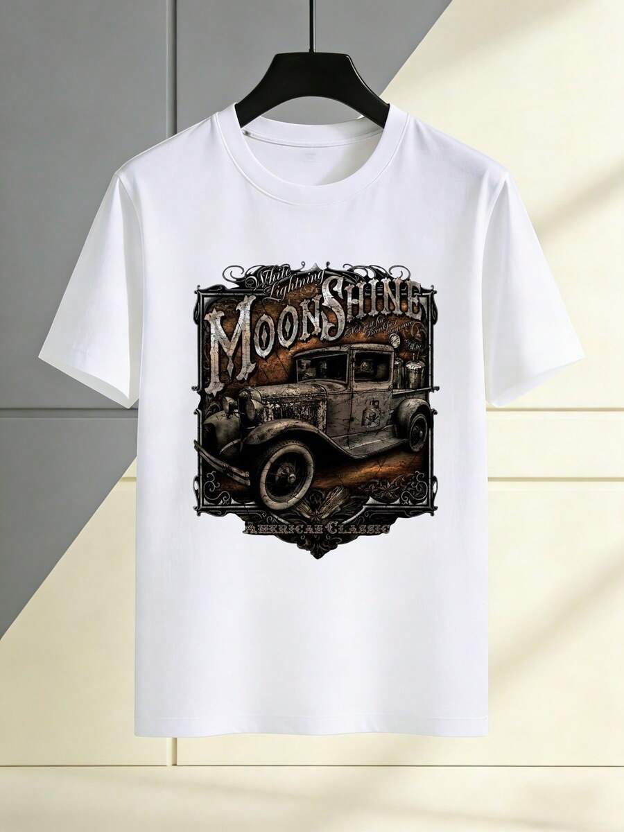 Camiseta unisex, hecha de material puro, estampada con el diseño de un coche vintage "Moonshine", adecuada para uso casual en verano, una excelente idea de regalo. Una camiseta de manga corta ideal para el hogar, uso diario, fiestas y viajes-perfecta como regalo para amigos o familiares. - Blanco - Ver 1