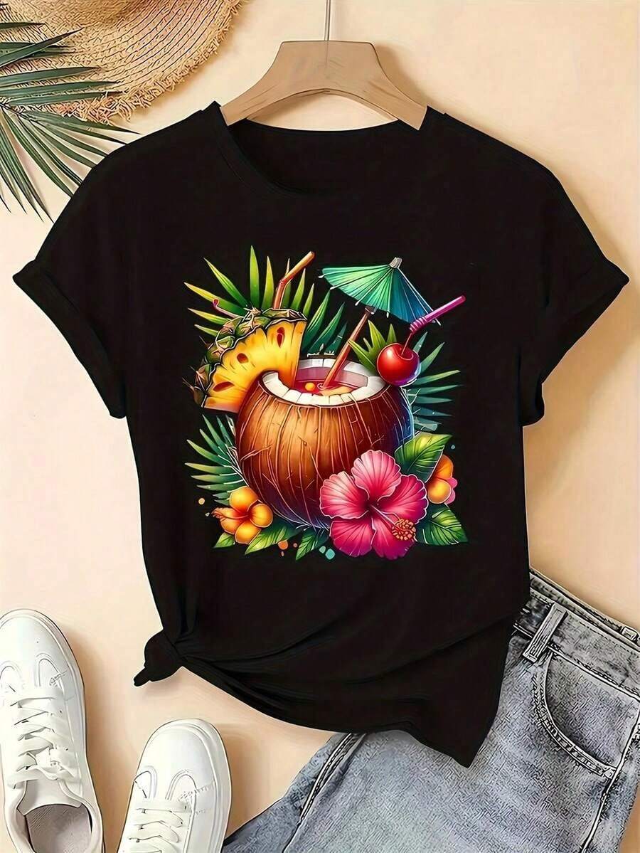 Designed For Modern, Stylish, And Comfortable Women. Women's T-Shirt With A Tropical Coconut And Hibiscus Flower Print. This Loose-Fitting, Short-Sleeved T-Shirt Features A Crew Neck And A Hawaiian Tiki Bar Design, Making It A Comfortable All-Season Shirt Ideal For Beach Parties. Made With Premium Soft And Breathable Fabric, It's Designed For All-Day Comfort And Versatile Everyday Wear, Perfect For Casual Outings. - 黑色 - 查看 1