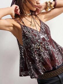 Camiseta de tirantes finos sin mangas de verano con lentejuelas de moda casual para mujeres - Marrón - Ver 3