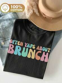 Camiseta Suave y Cómoda Estilo Coreano Ropa Casual de Verano para Mujer en Estilo Macaron con Letras Redondas y Coloridas, Impresa con "OFTEN YAPS ABOUT BRUNCH" en el Cuello Redondo, Hecha de Algodón Puro, Camiseta de Manga Corta - Camiseta Unisex de Algodón Holgada con Cuello Redondo 100% Algodón Transpirable - Negro - Ver 1