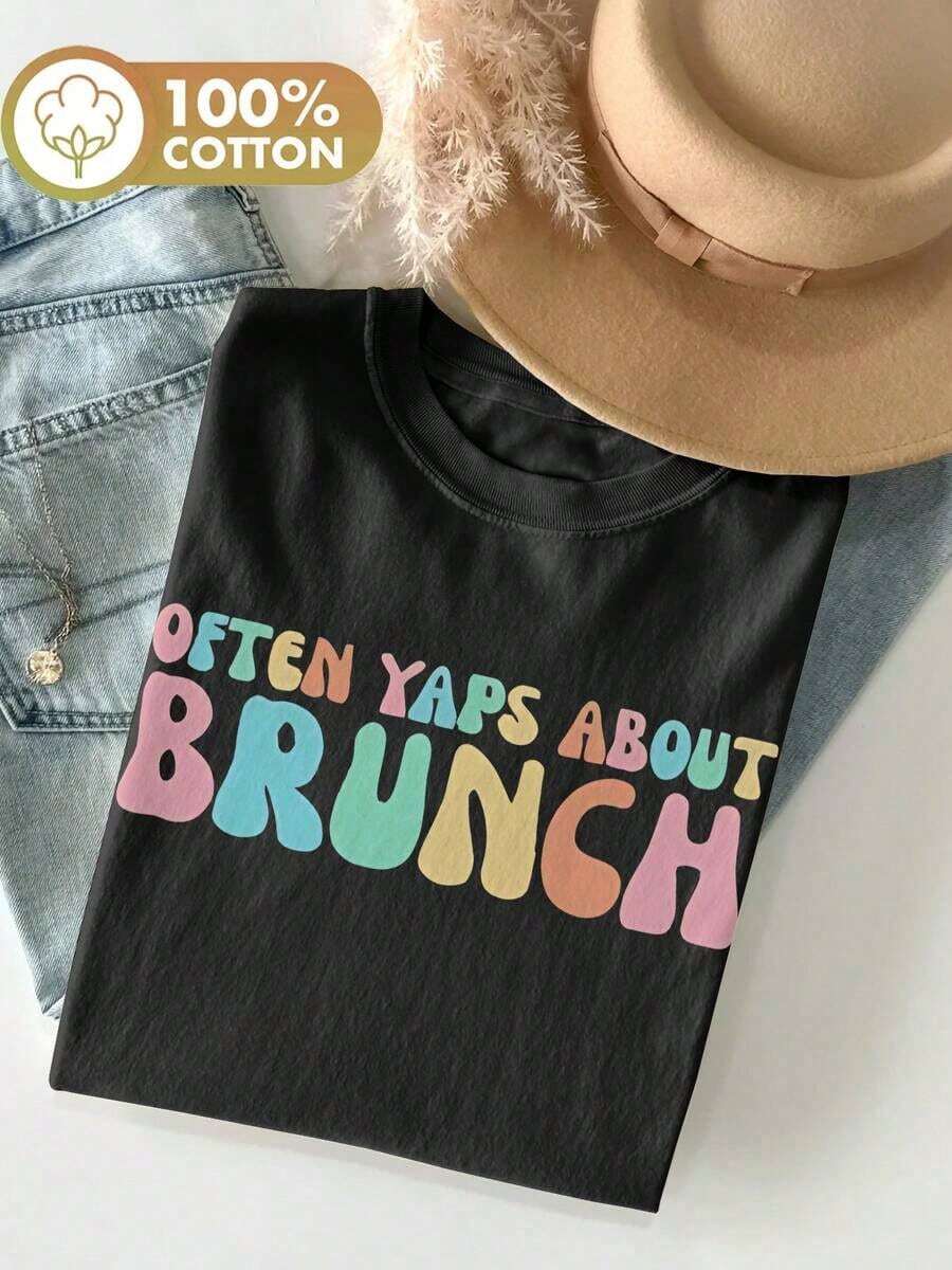 Camiseta Suave y Cómoda Estilo Coreano Ropa Casual de Verano para Mujer en Estilo Macaron con Letras Redondas y Coloridas, Impresa con "OFTEN YAPS ABOUT BRUNCH" en el Cuello Redondo, Hecha de Algodón Puro, Camiseta de Manga Corta - Camiseta Unisex de Algodón Holgada con Cuello Redondo 100% Algodón Transpirable - Negro - Ver 1
