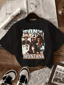 Camiseta de manga corta estilo vintage para mujer, con estampado de TONY, MONTANA y cuello redondo - Ropa de mujer, ajuste cómodo, diseño clásico, 100% algodón transpirable. - Negro - Ver 12