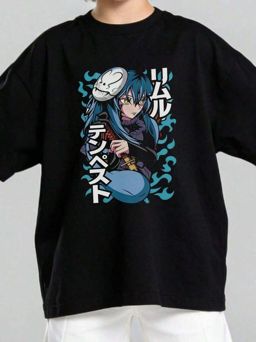 Boys' Summer T-Shirt 2026, Casual, Soft, Crew Neck, Short Sleeve, With A Graphic Print Of An Anime-Style Blue-Haired Character, Suitable For Everyday Casual Wear. Black Y2K Style T-Shirt. - 黑色 - 查看 1