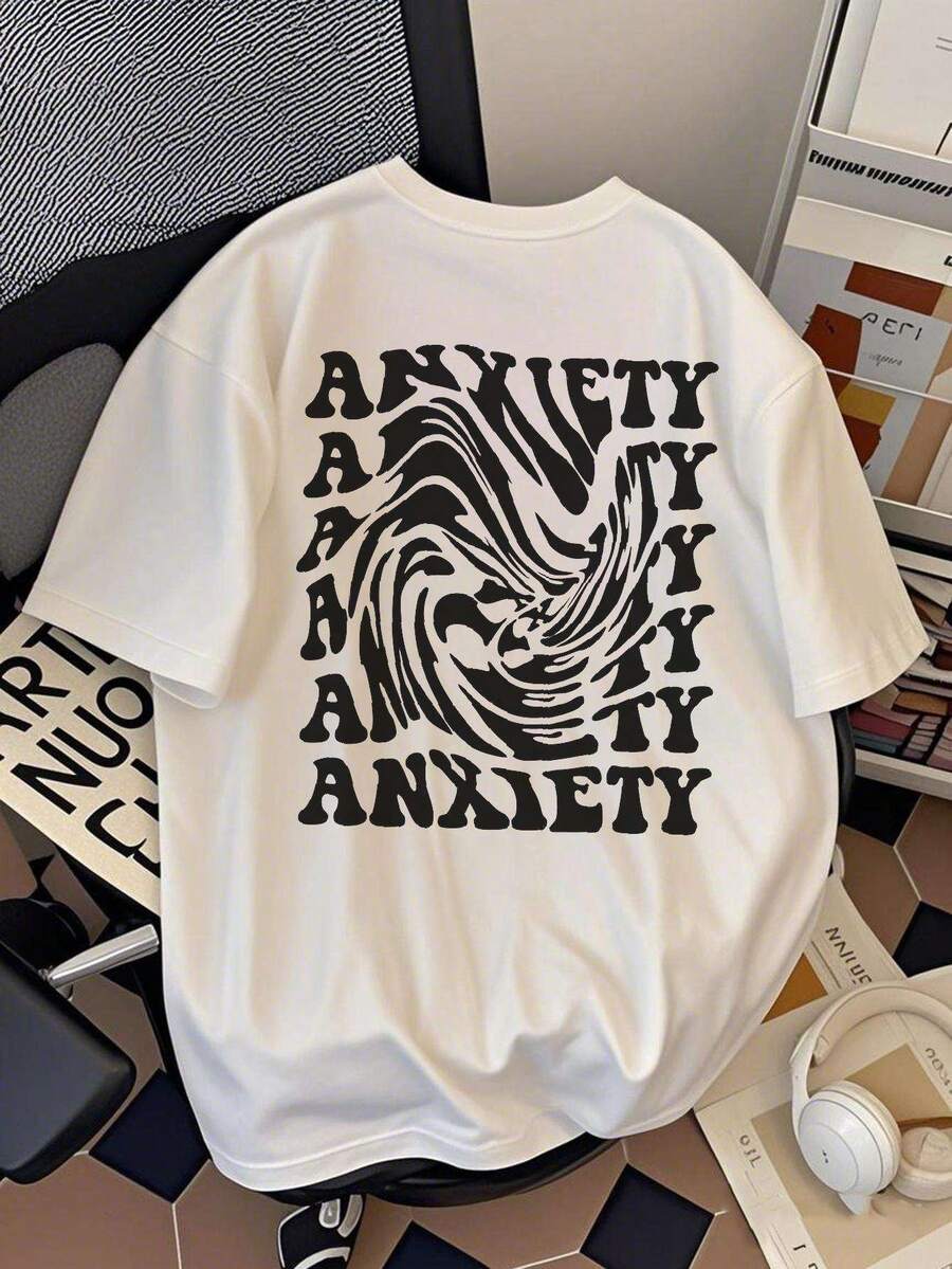 White T-Shirt With A Heavy Wash Effect And Black Letter Print - Short-Sleeved Summer T-Shirt With A Round Neck And A Loose Fit, Ideal For Mental Health Awareness And Casual Wear - Machine Washable T-Shirt - Loose-Fitting Fashion For Adults. - 白色的 - 查看 1