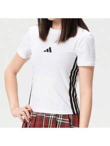 Adidas Women's Top, 2026 Summer New Casual Slim Fit Short Striped Round Neck Short Sleeve T-Shirt JE1239 - Black - View 2