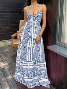 MSSunnyshic Vestido con estampado digital rosa, cintura ajustada, espalda descubierta, tirantes con lazo, estilo francés de escote en V para vacaciones en la playaMS2-15 N9P0 - Azul y blanco - Ver 5