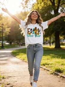 NewSummerCasual Women's Versatile Round Neck T-Shirt, Suitable For Streetwear, Everyday Wear, Camping, Concerts, Hip-Hop Style, Rock, With A Cross And Sunflower Print, Short Sleeves, Casual Summer Style, For Everyday Use. Unisex Loose-Fitting Cotton Short-Sleeve Round Neck T-Shirt With A Vintage Urban Style - 白色的 - 查看 4