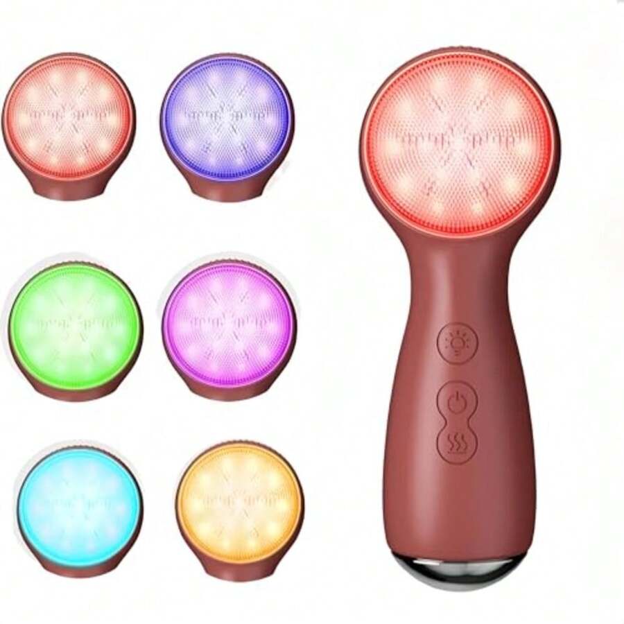 Facial Cleansing Brush Electric, Silicone Heated Face Scrubber With 7 LED Lights, Rechargeable Vibration Exfoliating Cleanser For Deep Cleaning And Gentle Massage, Skin Care Tool, Ideal Gift - Màu nâu - Xem 1