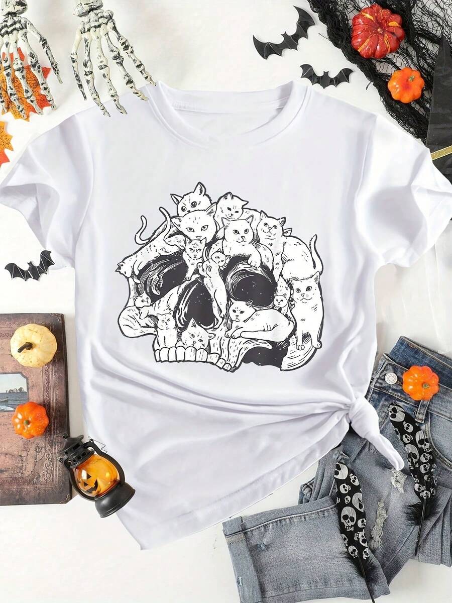 Women's Pure Cotton T-Shirt With Halloween Skull And Cat Print, Short Sleeve, Round Neck, Casual Top For Summer And Spring, Women's Clothing, Women's Night Out T-Shirts. - 白色 - 查看 1