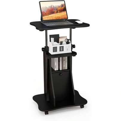 Mobile Podium Stand, Sit-To-Stand Laptop Cart With Tilting Tabletop & Storage Cabinet, Lockable Casters, Height-Adjustable Rolling Lectern For Classroom, Church, Home Office (Black, 1 Pack)