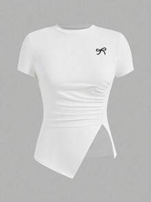 Camiseta ajustada de manga corta con estampado de mariposa, de uso casual y versátil para el verano, diseño minimalista de estilo INS - Blanco - Ver 5