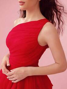Vestido de malla asimétrico para mujeres con cuello y capa con volantes de unicolor para el verano - Rojo - Ver 7