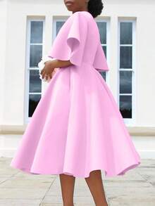 Women's Elegant European And American Style Evening Dress 2026, New Design, V-Neck, Puff Sleeve And Full Hem Skirt - 粉色 - 查看 2