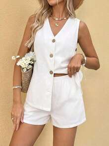 Set de 2 piezas de top sin mangas con cuello en V y botones delanteros sólidos y shorts de mezclilla para maternidad - Blanco - Ver 6