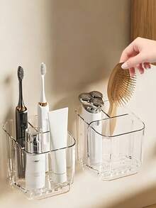 Transparent Toothbrush Holder Wall Mount Storage Rack, Can Hold Toothbrush, Comb, Razor And School Supplies, Multi-Function Bathroom Organizer Shelf, Suitable For Men And Women, Applicable To Kitchen, Bathroom, Bedroom And School, Bathroom Accessories - Multicolor - View 10