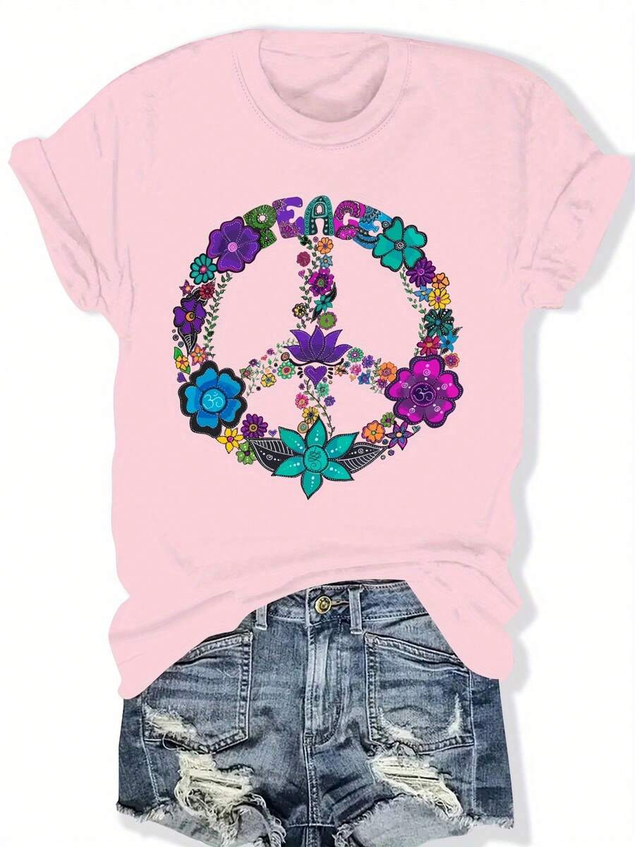 Women's Plus Size Black T-Shirt With Vibrant Floral Design And Peace Symbol - Casual Crew Neck, Short Sleeve, Summer And Spring Top, Casual Wear | Peace Symbol Top | Stretch Fabric - 粉色 - 查看 1