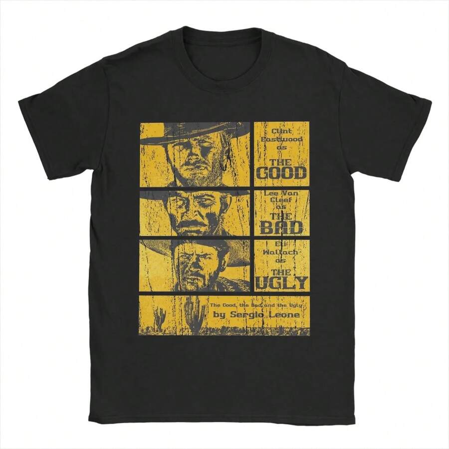 Camiseta vaquera de la película El bueno, el malo y el feo para hombre, de algodón, a la moda, con cuello redondo, tallas grandes, 220 g. Camiseta de algodón suave para hombre y mujer, confeccionada con un tejido premium, duradero y agradable al tacto, ideal para todo tipo de cuerpo y para uso diario. Camisetas informales transpirables y ligeras, conjuntos elegantes para otoño, perfectas para el día a día, actividades al aire libre, viajes, vacaciones y fiestas temáticas durante todo el año. - Negro - Ver 1