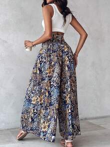 Women's High Waist Elastic All-Over Print Wide Leg Pants - Multicolor - View 2