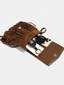 Bolsa Transversal com Borla na Cor do Café Vintage, Bolsa de Ombro Boêmia com Botões, 1 Peça Bolsa com Borla de Café, Bolsa Quadrada Pequena de Estilo Hippie, Decorada com Vários Botões, Fechamento com Abas, Adequada para Uso Diário, Viagens, Férias, Fotografia, Passeios, Festas e Outras Ocasiões - Café - Visão 6