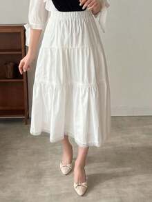 Falda A-Line con cintura elástica y encaje blanco, con volantes - Blanco - Ver 4