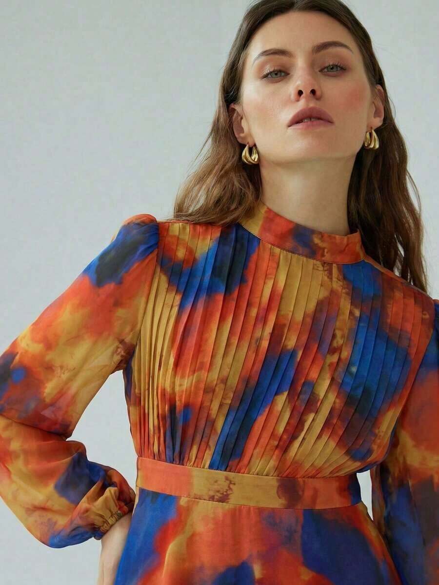 Vestido de manga larga con acento plisado en la cintura, de estampado de teñido anudado, elegante y versátil para uso diario, en azul y verde - Multicolor 3 - Ver 1