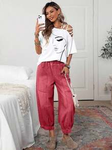 Pantalones vaqueros casuales de mujer con cintura con cordón y lavado vintage, pantalones casuales de mujer, pantalones de verano de mujer con cintura elástica, pantalones de mujer con bolsillos, pantalones caqui de mujer - Rojo 2 - Ver 5