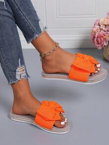 PWIIMG Women's Summer New Linen Insole Sandals, Plus Size Wide Fit Sandals With Bow Decor Open Toe For Summer Classic Versatile Beach Slippers, Orange - Orange - View 10