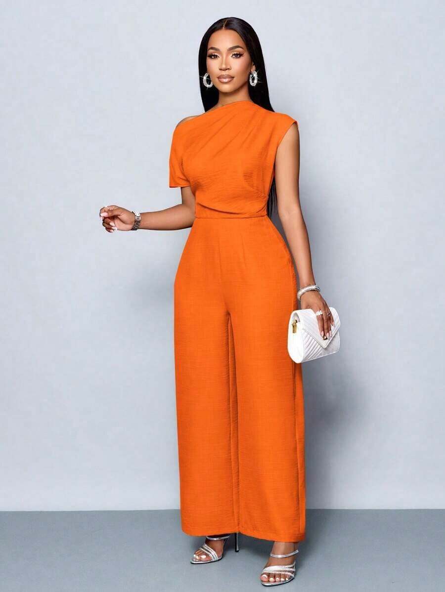 Mono de pierna ancha con hombros descubiertos, cuello asimétrico, pliegues en los hombros y manga corta, de uso casual, elegante y apropiado para salidas diurnas, en color albaricoque, para mujer de uso en las cuatro estaciones - Naranja - Ver 1