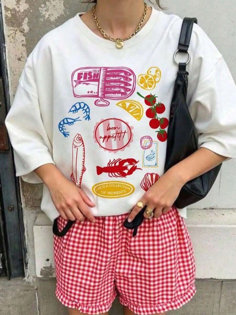 Women's Summer T-Shirt With Seafood Graphic Print, New 2026 Collection, Casual Short Sleeve Crew Neck Style, Loose Fit, Retro Aesthetic For Food Lovers, Comfortable And Breathable, Perfect For Vacation, Streetwear, Back To School, Food Festivals, Holidays, Weekend Outings, Casual Daily Wear And Seafood Lover Outfit. - 白色的 - 查看 1