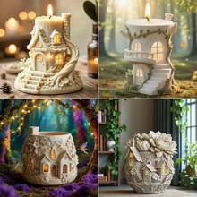 1个3D花屋城堡硅胶蜡烛模具，魔法树屋蜡烛制作模具 - 奇幻硅胶模具，适合圣诞装饰和礼品，易脱模且可重复使用，适用于环氧树脂、粘土和石膏工艺品 - 节日DIY的理想之选 - 白色 - 查看 2