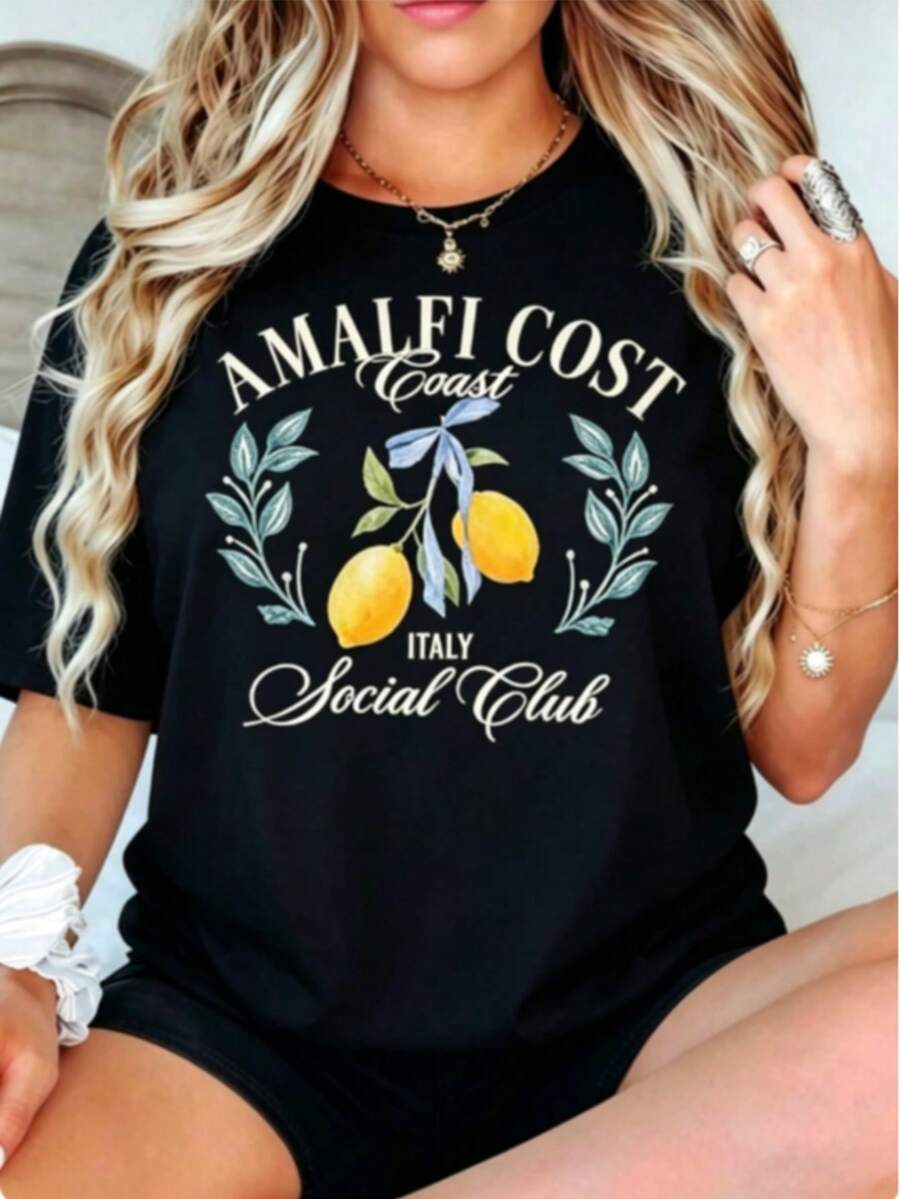 Women's Fall Amalfi Italy Lemon Graphic Tee, "AMALFI ITALY Social Club" Print, 180g Soft Slightly Stretch Cotton Round Neck Short Sleeve Casual Top - 黑色 - 查看 1
