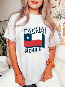 OversizeCamiseta deportiva casual para mujer, cuello redondo, manga corta, estampada con el diseño de la bandera nacional, cómoda para el verano y vacaciones, linda. - Blanco - Ver 6