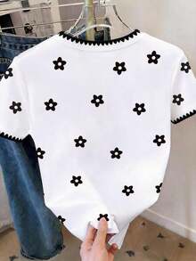 Camiseta casual de mujer de cuello redondo y manga corta con estampado de letras y rayas - Multicolor 13 - Ver 2