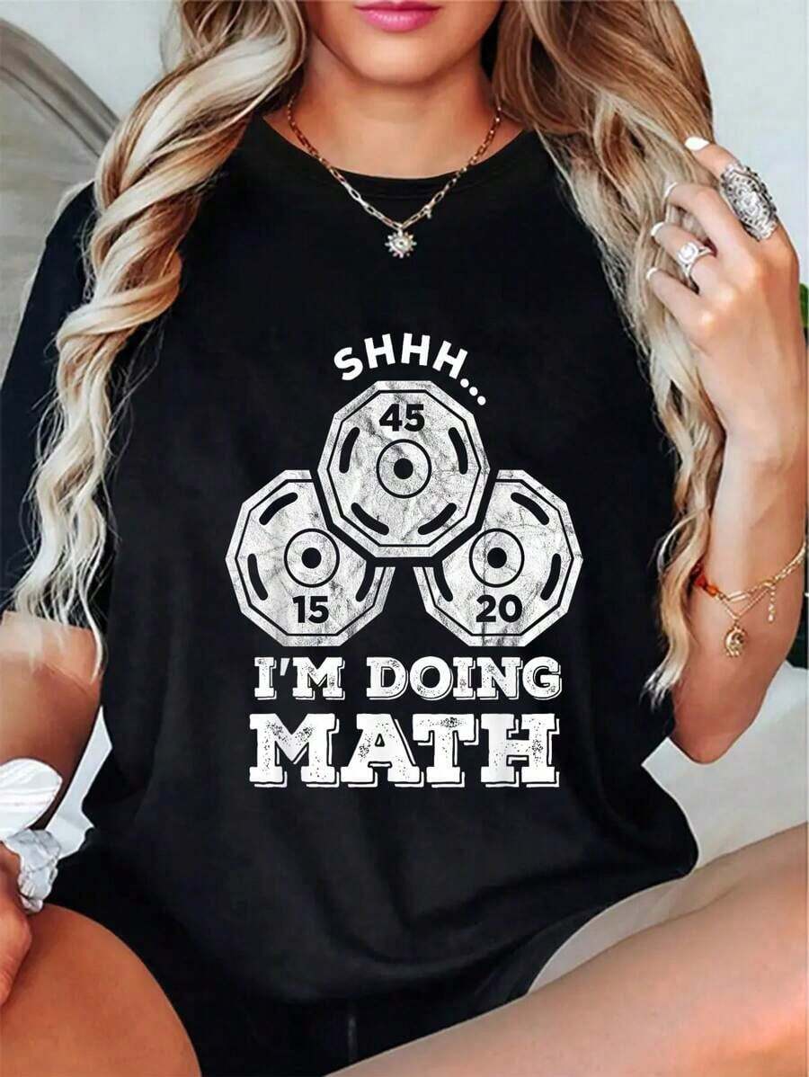100% Cotton Shhh I'm Doing Math Funny Weight Lifting Workout Training T-Shirtplayeras de mujer - Negro - Ver 1