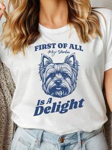 Camiseta de Yorkie, Camiseta de Yorkshire Terrier, Adorable Camiseta de Perro, Regalo Divertido, Camiseta de Yorkie, Regalo para Mamá de Yorkie, Camiseta de Yorkie, Ropa Urbana, Cómoda, Casual, Unisex, Ropa de Diseñador, Top Versátil para Uso Diario, Estampado Elástico - Blanco - Ver 1