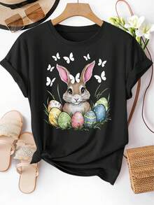 Women's Short Sleeve Cotton T-Shirt, Easter Bunny Design T-Shirt - Soft Pink Short Sleeve T-Shirt With Bunny And Egg Design, Casual And Comfortable Fit, Perfect For Spring. | Vintage Graphic Print T-Shirt | Shiny Texture - 黑色 - 查看 1