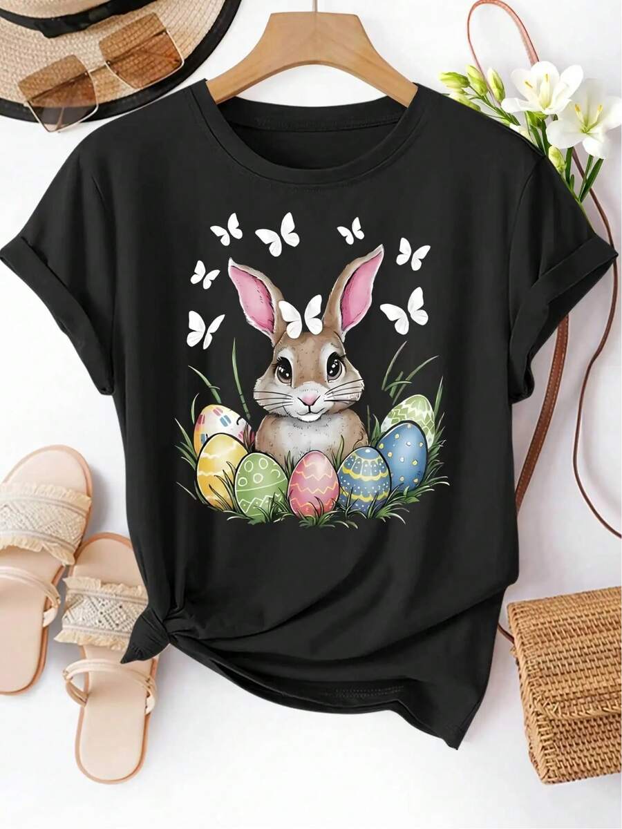 Women's Short Sleeve Cotton T-Shirt, Easter Bunny Design T-Shirt - Soft Pink Short Sleeve T-Shirt With Bunny And Egg Design, Casual And Comfortable Fit, Perfect For Spring. | Vintage Graphic Print T-Shirt | Shiny Texture - 黑色 - 查看 1