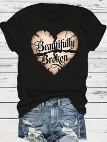 Women's Short-Sleeved Cotton T-Shirt, Casual And Elegant, With Letter Print, Perfect For Everyday Outings, Highlighting Style. - 黑色 - 查看 6