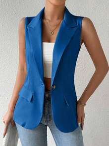 Blazer sin mangas de estilo elegante de color verde oliva para mujer, chaleco casual con solapa y botón en tela tejida lisa, corte regular - Azul 2 - Ver 8