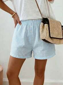 Sunny Girly Summer Women's Y2K Striped Straight-Leg Shorts With Button Design, Ideal For Back To School, Daily Commute, Casual Outings And Loungewear - Blue - View 4