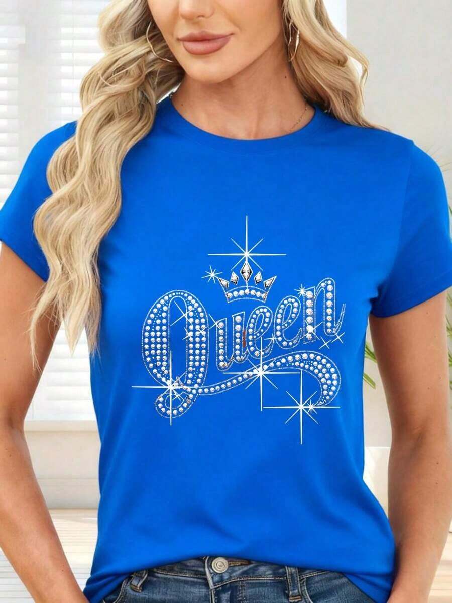 Gift: Women's Black T-Shirt With Crown Print And "Queen" Text With Sparkling Diamonds - Ideal For Casual Occasions And Party Nights - 藍色的 - 查看 1