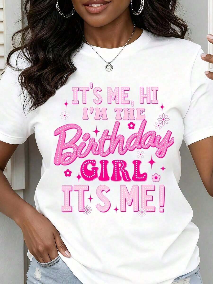 Women's Round Neck T-Shirt With Pink Floral Print 'It's Me, Hello, I'm The Birthday Celebrant', Short Sleeve, Casual, For Party, Celebration, Birthday Gift - 白色 - 查看 1