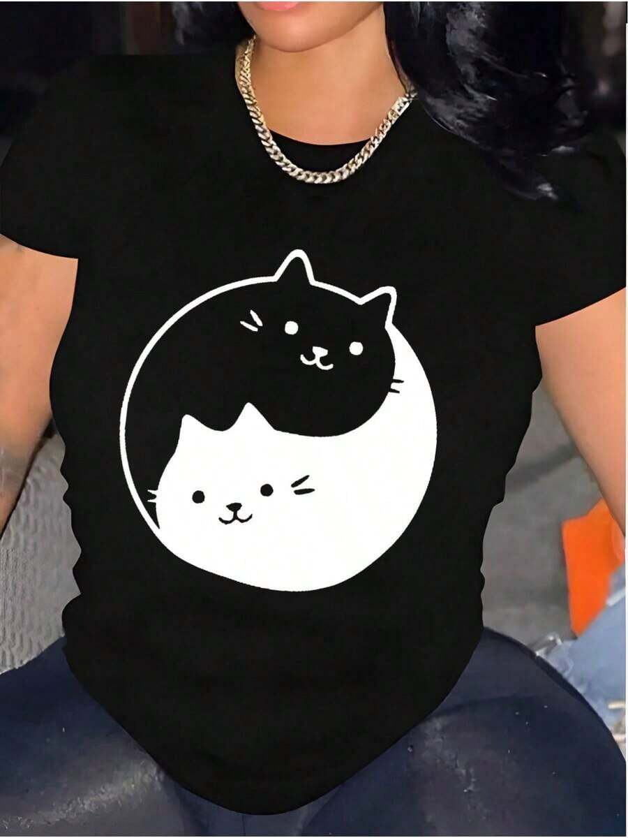 1 pieza de camiseta holgada e informal para mujer, con estampado de amante de gatos. Camiseta para salidas de vacaciones, 100% algodón, de manga corta, lavable a máquina, cómoda y adecuada para primavera y verano. 100% Algodón. Camiseta de manga corta cómoda y versátil. - Negro - Ver 1