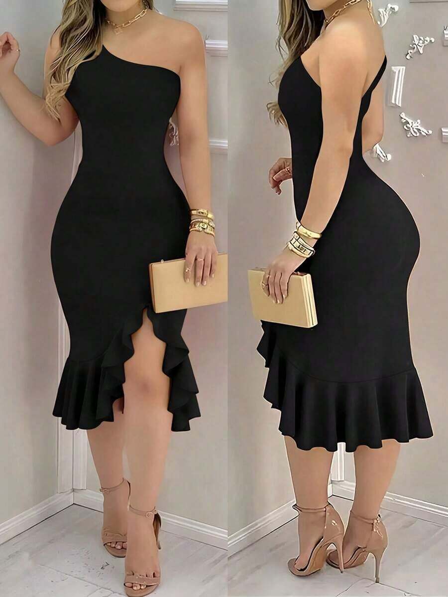 midi elegante y ceñido de mujer con volante en el bajo, cuello asimétrico y abertura - Negro - Ver 1