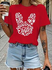 Women's Casual Summer T-Shirt, 100% Premium Cotton With Easter Theme Print, Rabbit And Egg Design, Breathable Shirt For Spring/Summer/Autumn (Machine Washable), Suitable For Casual Sportswear Outfits, Women's Pure Cotton Short Sleeve T-Shirt, Women's Round Neck T-Shirt - Unisex Loose And  Cotton Short Sleeve T-Shirt. - 紅色 - 查看 8