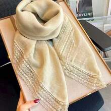 Korean-Style Solid Color Lace-Trimmed Square Scarf, Spring Silk Scarf, Versatile Artistic Scarf Women, Decorative Neck Scarf, Headscarf, Shawl - Màu xanh lam - Xem 1