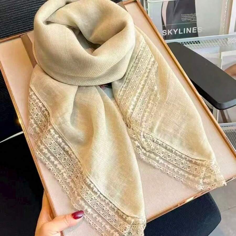 Korean-Style Solid Color Lace-Trimmed Square Scarf, Spring Silk Scarf, Versatile Artistic Scarf Women, Decorative Neck Scarf, Headscarf, Shawl - Màu xanh lam - Xem 1