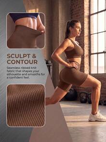 TCVC Seamless Ribbed Texture High Waist Shaping Tight Peach Butt Sports Shorts - Coffee Brown - View 4